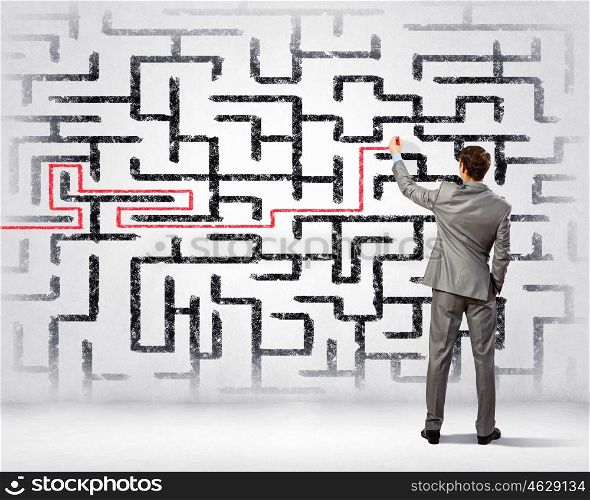 Businessman solving labyrinth problem. Back view image of young businessman trying to find way out of maze