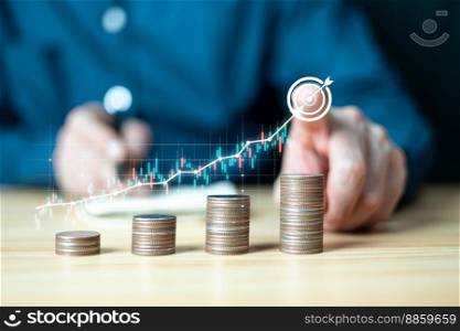 Businessman stacking money coins with up arrow and percentage symbol for financial banking increase interest rate or mortgage investment dividend from business growth concept