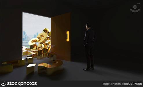 Businessman stand in front of a bunch of question marks fell in from the exit door from outside . Mixed media .