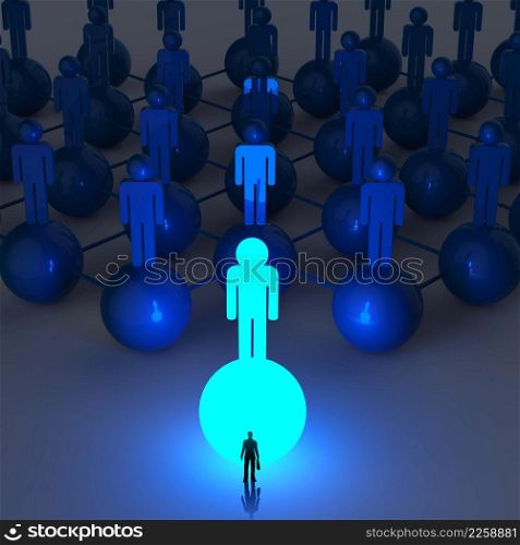 businessman standing at 3d light growing human social network and leadership as concept