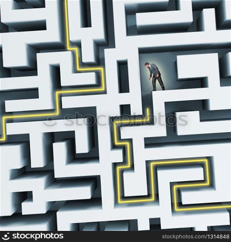 Businessman standing in labyrinth, facing difficulties in business