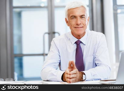 Businessman standing in office smiling at camera. Success and professionalism in person