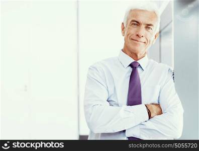 Businessman standing in office smiling at camera. Success and professionalism in person