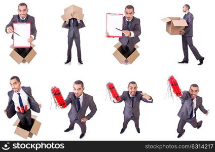 Businessman standing in the box isolated on white