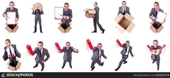 Businessman standing in the box isolated on white