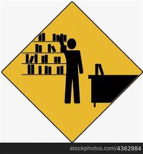 Businessman standing near a bookshelf and reaching out for a file