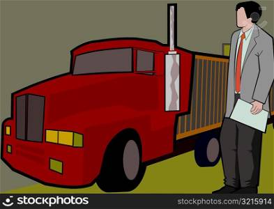 Businessman standing near a truck