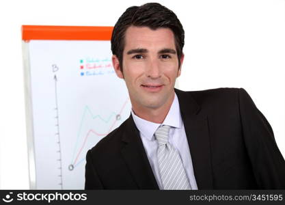 Businessman standing next to a flip chart