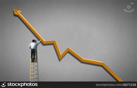Businessman standing on ladder and reaching growing graph. Climb to success