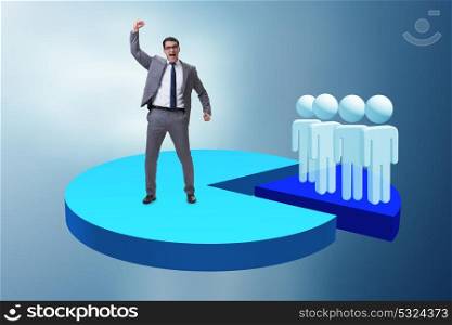 Businessman standing on pie chart in business concept. The businessman standing on pie chart in business concept