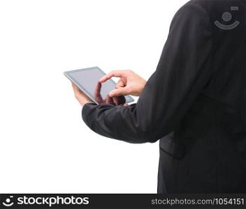 Businessman standing posture hand holding blank tablet isolated on over white background