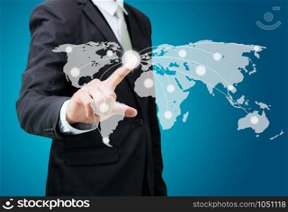 Businessman standing posture hand touch Earth icon isolated on over blue background