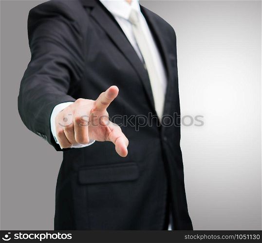 Businessman standing posture show hand isolated on over gray background