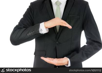 Businessman standing posture show hand isolated on over white background