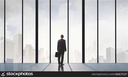 Businessman standing with back and looking in office window. Office life