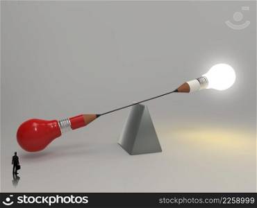 businessman standing with false balance of pencil lightbulb as concept