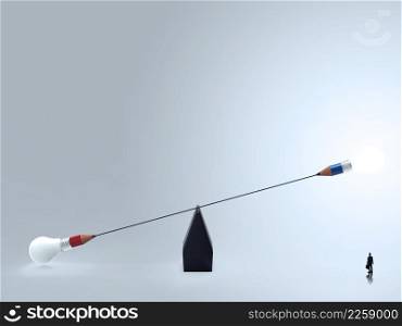 businessman standing with false balance of pencil lightbulb as concept
