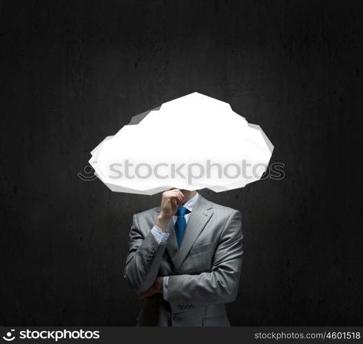 Businessman standing with his head in cloud. Floating in sky