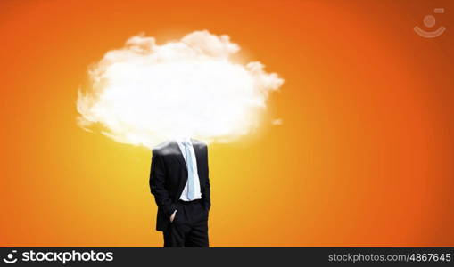 Businessman standing with his head in cloud. Floating in sky