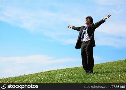 businessman standing with spreading hands on the meadow