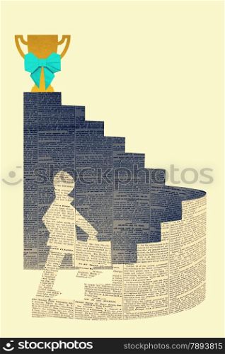 Businessman stepping up a staircase. Model made with Newspsper