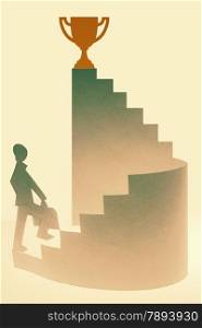 Businessman stepping up a staircase towards a Victory
