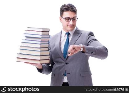 Businessman student carrying holding pile of books isolated on w. Businessman student carrying holding pile of books isolated on white background