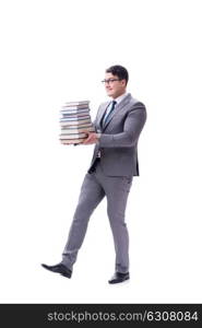 Businessman student carrying holding pile of books isolated on w. Businessman student carrying holding pile of books isolated on white background