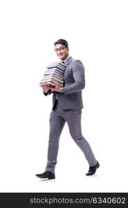 Businessman student carrying holding pile of books isolated on w. Businessman student carrying holding pile of books isolated on white background