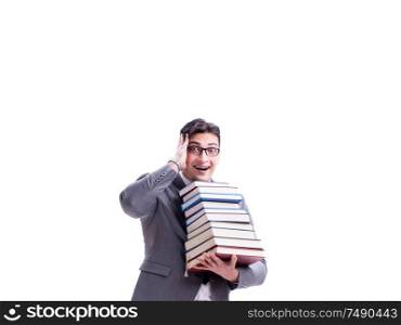 Businessman student carrying holding pile of books isolated on white background. Businessman student carrying holding pile of books isolated on w