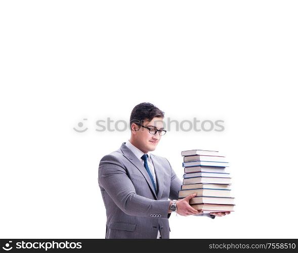 Businessman student carrying holding pile of books isolated on white background. Businessman student carrying holding pile of books isolated on w
