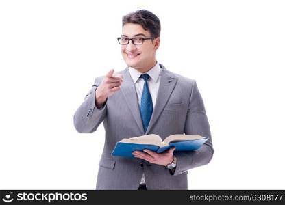 Businessman student reading a book isolated on white background