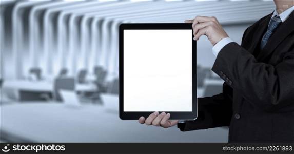 businessman success working with blank tablet computer his board room background