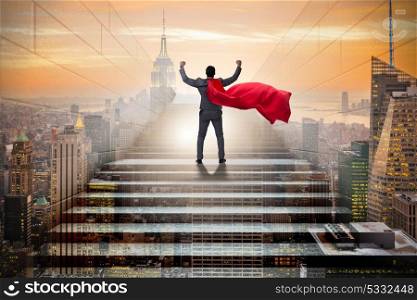 Businessman superhero successful in career ladder concept