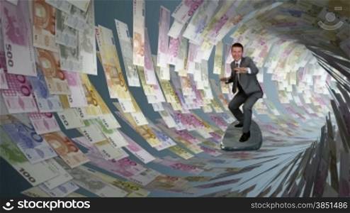 Businessman Surfing inside a Tube made of Euro Currency
