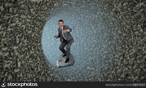 Businessman Surfing inside a Tube of Crumpled US Dollars