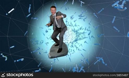Businessman surfing on a wireframe tunnel surrounded by question and exclamation marks