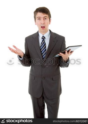 businessman surprised and waiting with a tablet pc, isolated