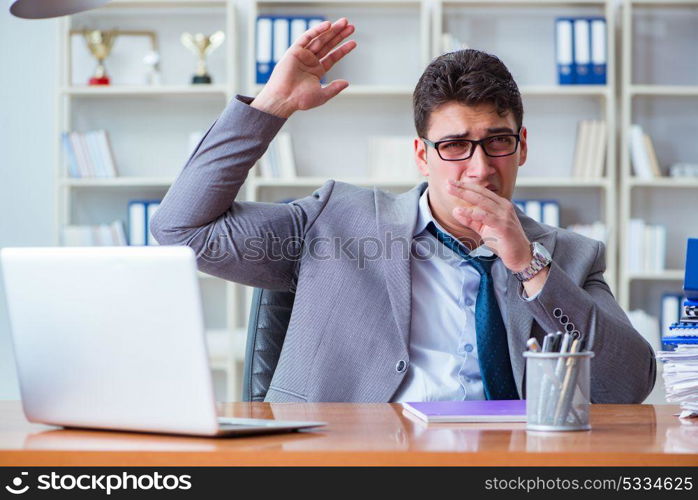 Businessman sweating excessively smelling bad in office at workp. Businessman sweating excessively smelling bad in office at workplace