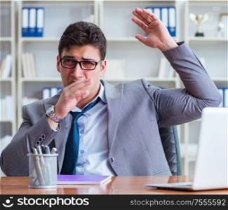 Businessman sweating excessively smelling bad in office at workplace. Businessman sweating excessively smelling bad in office at workp