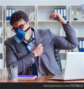 Businessman sweating excessively smelling bad in office at workplace. Businessman sweating excessively smelling bad in office at workp