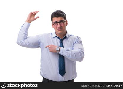 Businessman sweating excessively smelling bad isolated on white . Businessman sweating excessively smelling bad isolated on white background