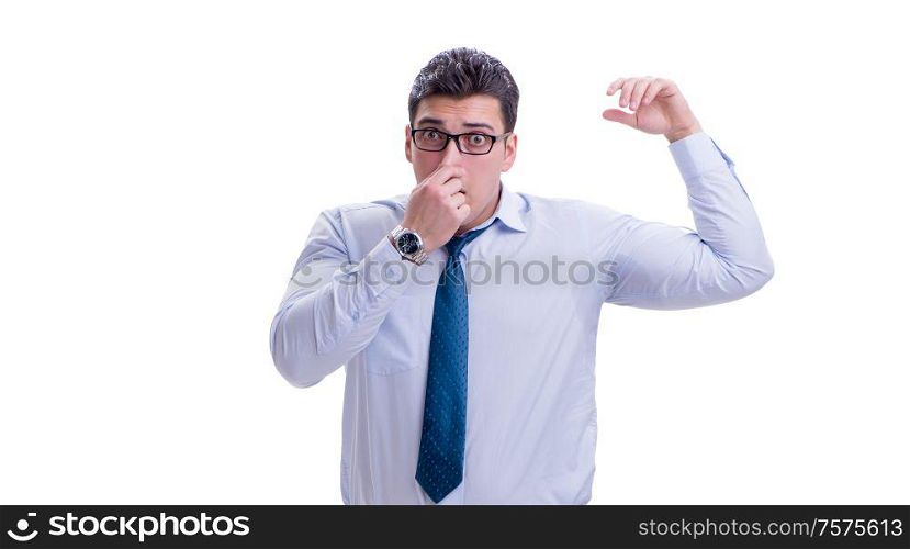Businessman sweating excessively smelling bad isolated on white background. Businessman sweating excessively smelling bad isolated on white