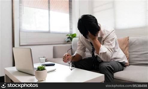 Businessman takes off glasses and cover face with hand while exhausted and stressed from overworked.