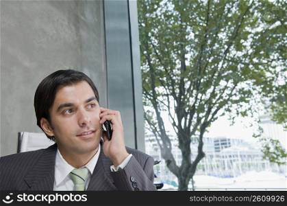 Businessman talking on a mobile phone in an office