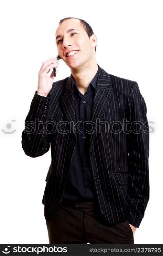 Businessman talking on cellphone isolated on white background