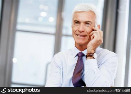 Businessman talking over phone in office. I am always in touch