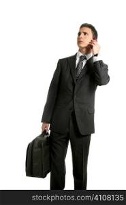 Businessman talking with cell mobile phone isolated on white