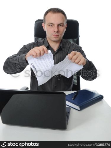businessman tearing contract. Isolated on white background