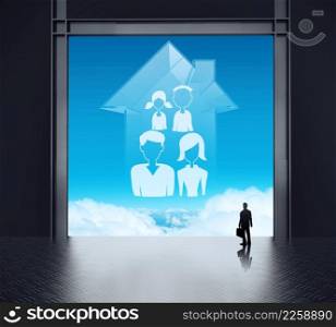 businessman thinking in factory and looking to sky with 3d house wtih family icon as insurance concept